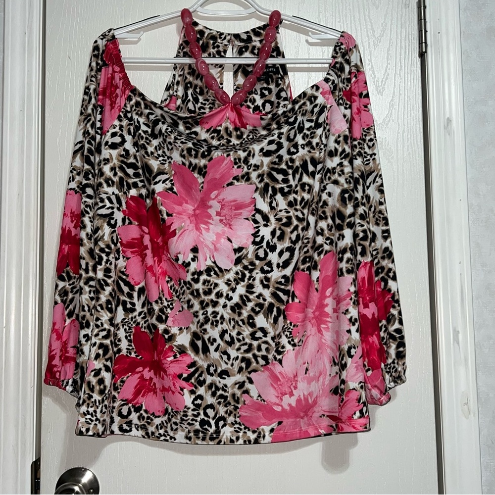 Cheetah jeweled off shoulder blouse